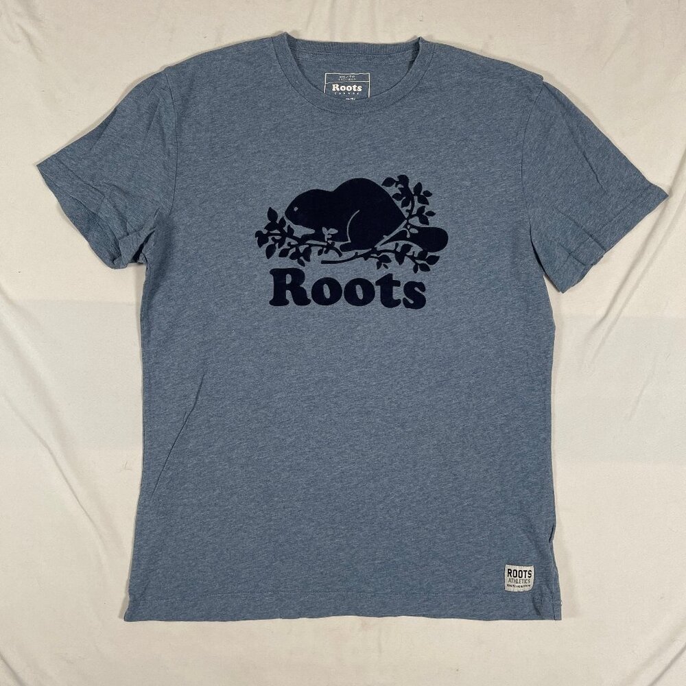 Roots Canada Beaver T-Shirt Size XS Blue Short Sleeve Slub Cotton Felt